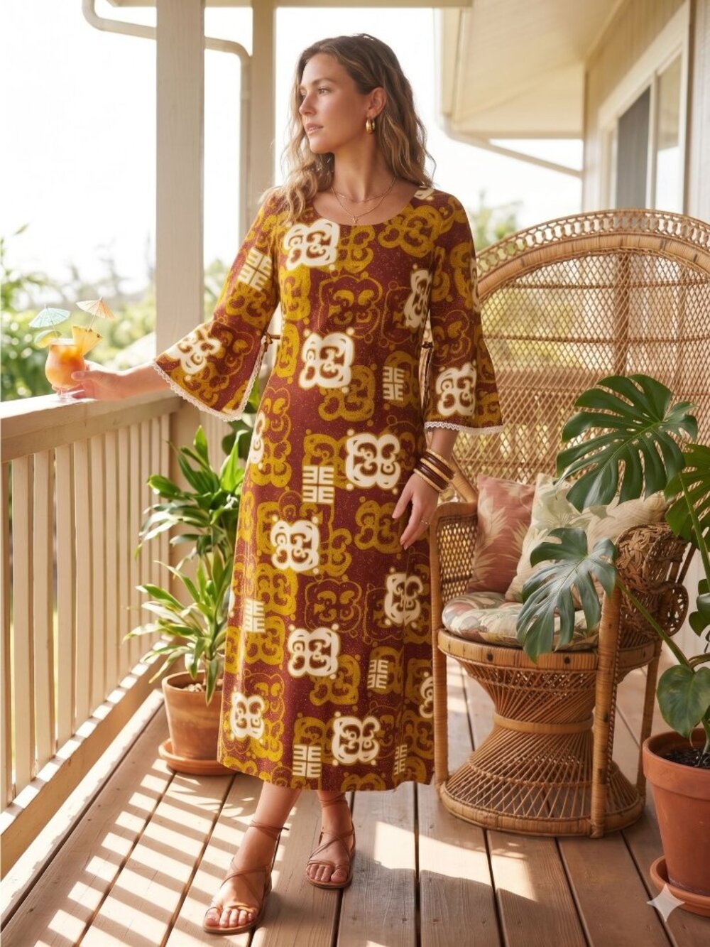 Vintage 70s Diamond Head Hawaii Maxi Dress Small Bell Sleeve Cotton Brown Tiki